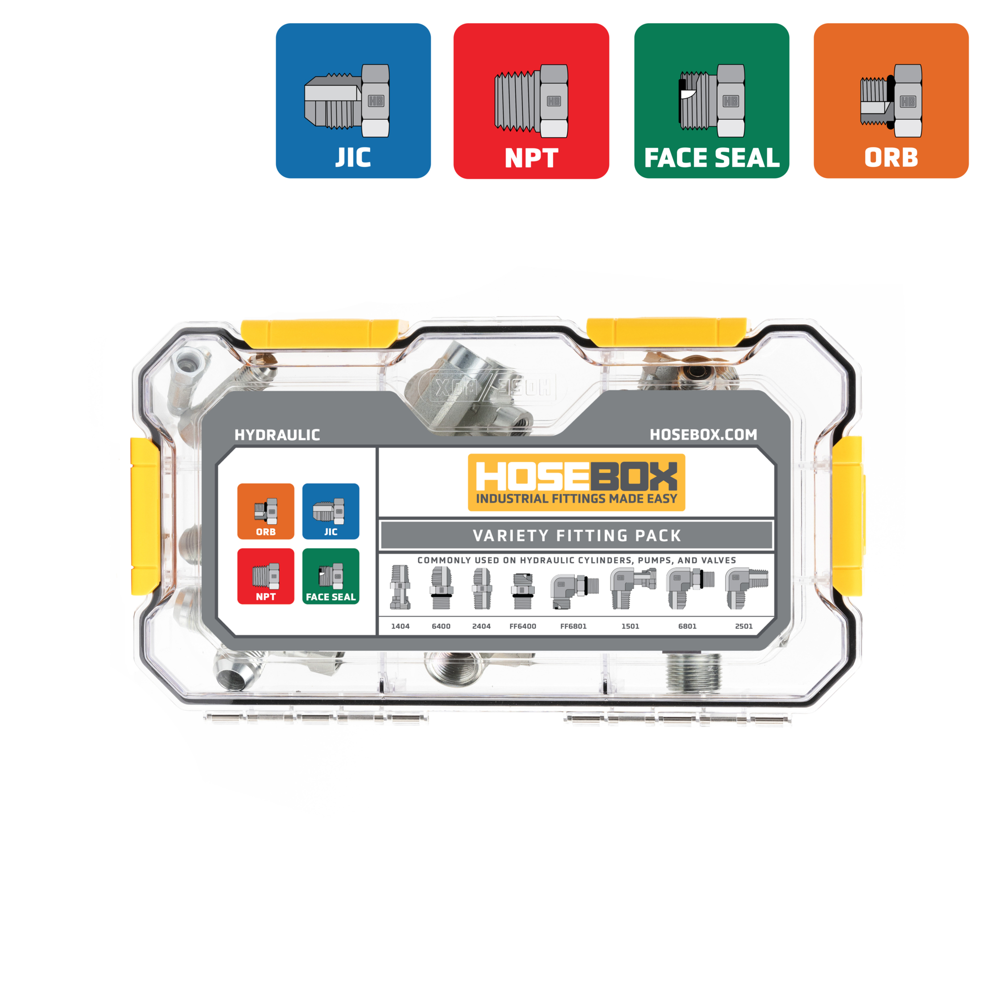 HoseBox, VARIETY KIT - 32 Adapters-JIC, NPT, FACESEAL, Fitting Size Other in, Model# HBE2029-001